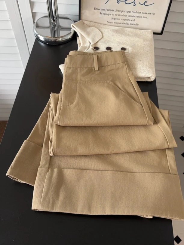 秋季百搭工装直筒休闲裤女极简松弛版型宽松设计卡其色高腰裤显瘦