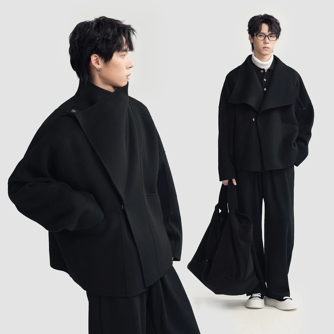 HERBRL黑白3.0羊绒桑蚕丝绵羊毛双面呢大衣宽松秋冬保暖男士短款