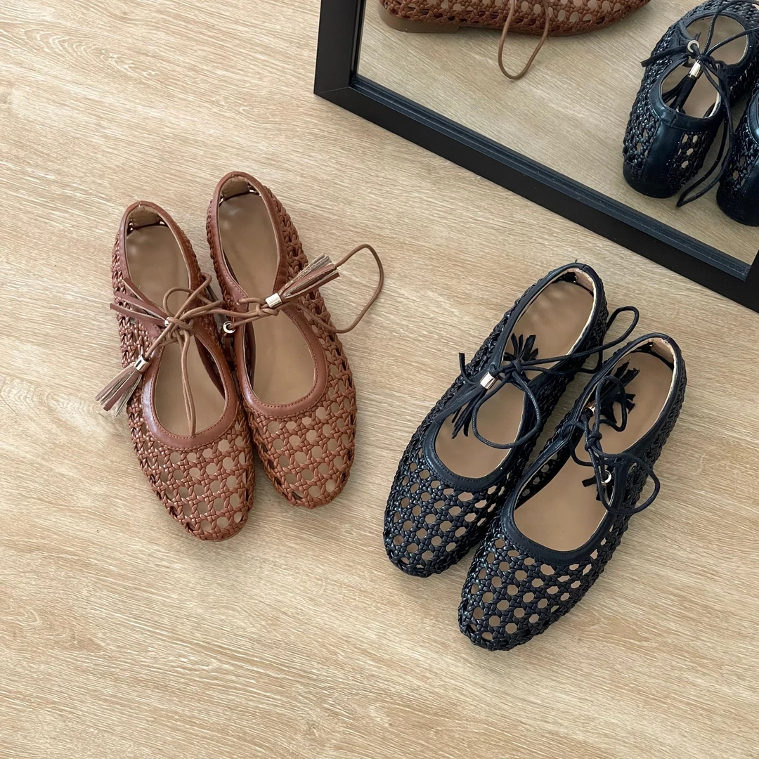 HUSSLOVE 牛皮+编织·跟高1CM·中古风镂空手工编织系带调节玛丽珍