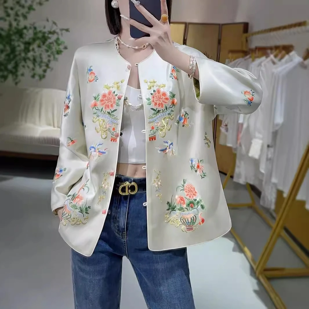 醋酸紫气东来新中式国风刺绣外套女2025新款秋季高级感上衣气质