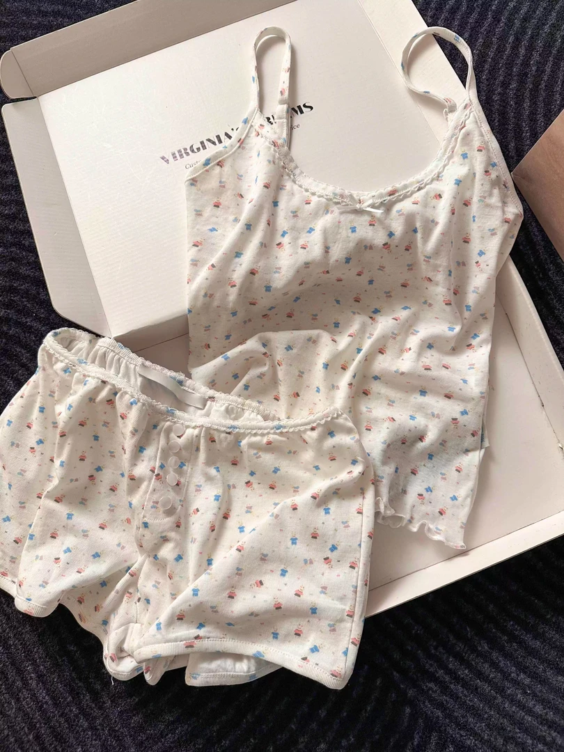 【DMXJ大梦想家】夏日清新卡通蕾丝花边背心睡衣女款舒适家居服套装