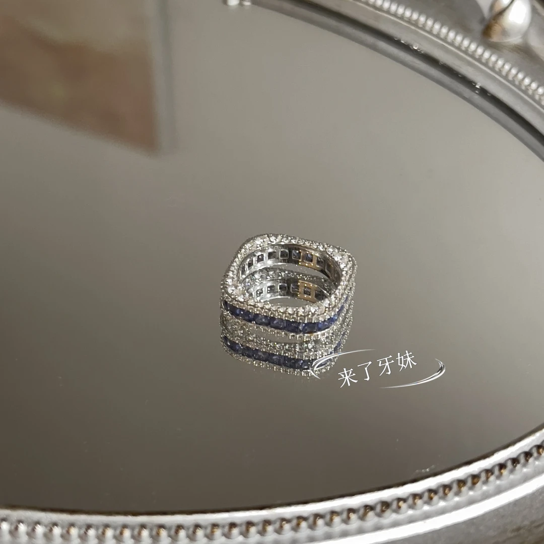 925银锆石戒指 银蓝拼接锆戒指JZ102时尚设计感个性气质精致