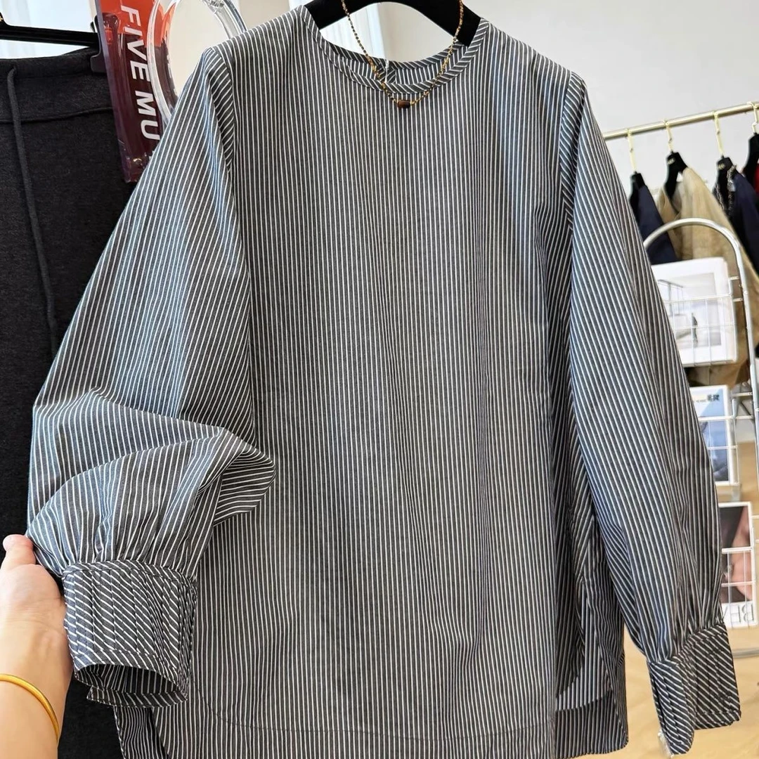 港式2-300斤特大码条纹洋气衬衫春秋男女松弛感宽松潮流休闲衬衣