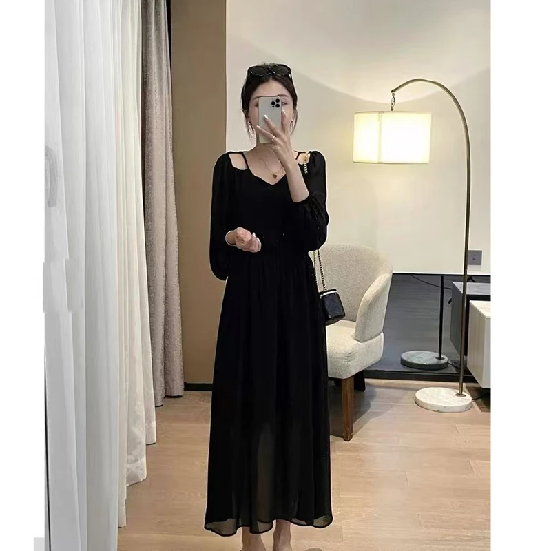 法式轻奢休闲黑色连衣裙女 新款高级感气质显瘦时尚长裙 9811