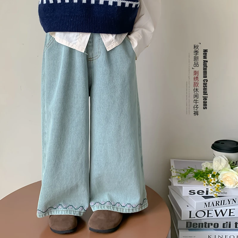 女童牛仔裤儿童春秋装裤子2025春秋季新款阔腿裤女孩休闲裤-YGG