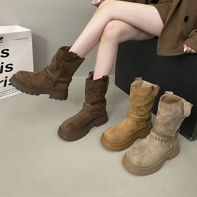简约废土风流苏骑士靴2025秋冬时尚粗跟不过膝时装靴女显瘦中筒靴
