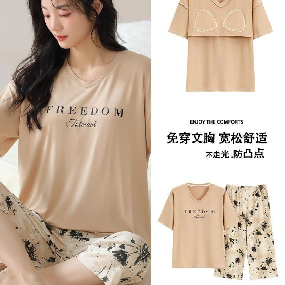 Y8784夏季莫代尔凉感胸垫睡衣女短袖七分裤休闲家居服套装