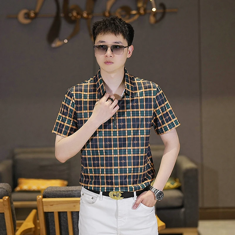 男士夏季新款冰丝修身半拉链短袖衬衫休闲百搭薄款翻领时尚衬衣