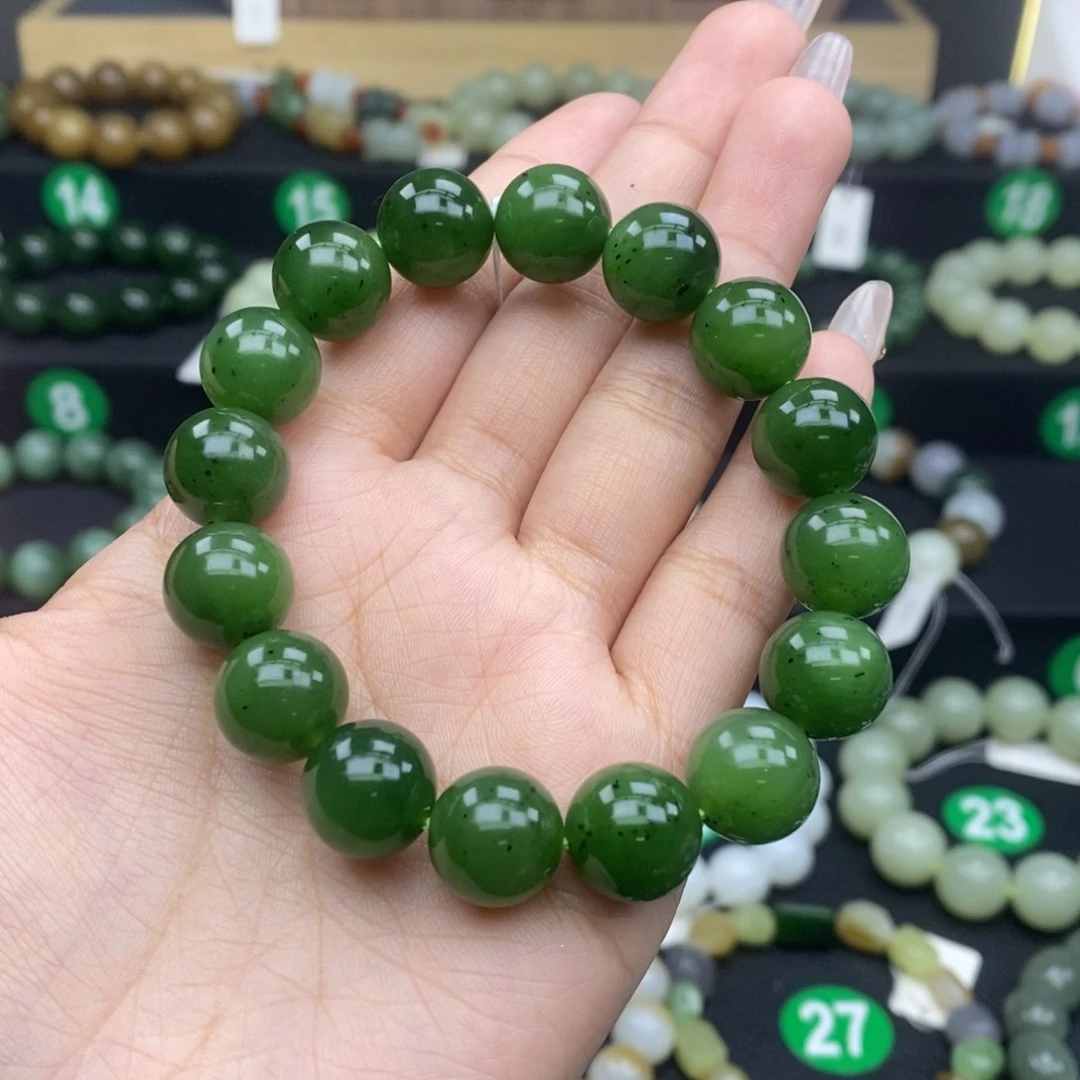 和田玉手链未镶嵌菠菜绿12mm