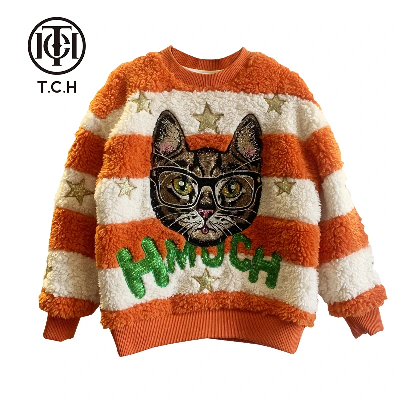 (现货）奥莱-TCH眼镜猫咪烫钻套头毛毛卫衣T21311C6007