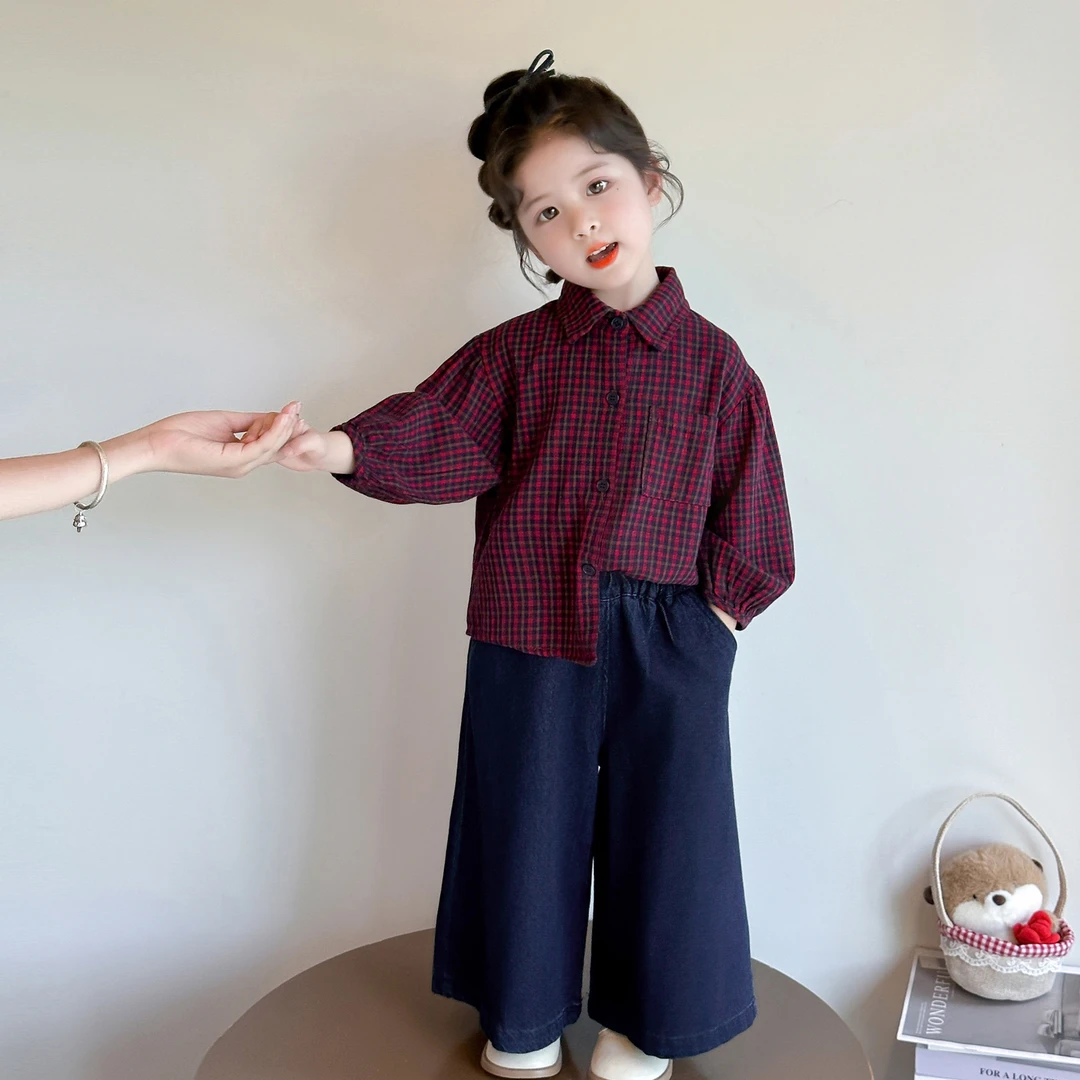 女童秋装套装2025新款洋气宝宝衬衫炸街牛仔阔腿裤儿童春秋款衣服