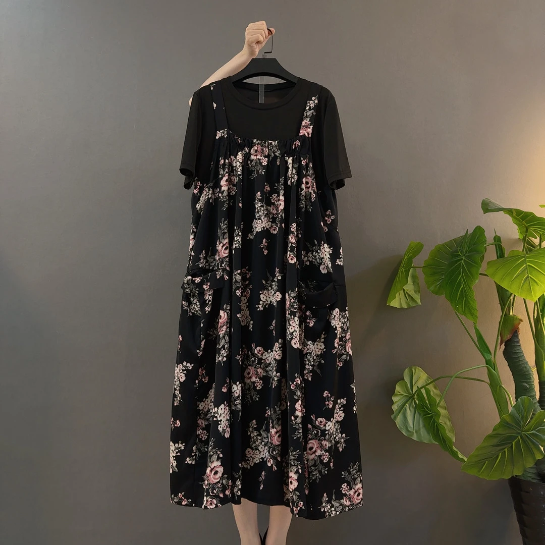 夏季碎花雪纺连衣裙宽松显瘦遮肚子中长款洋气妈妈裙子