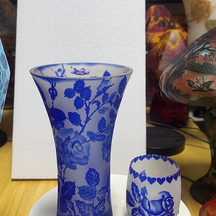 用***3琉璃手工艺品兰色砂雕花瓶花器高22口11