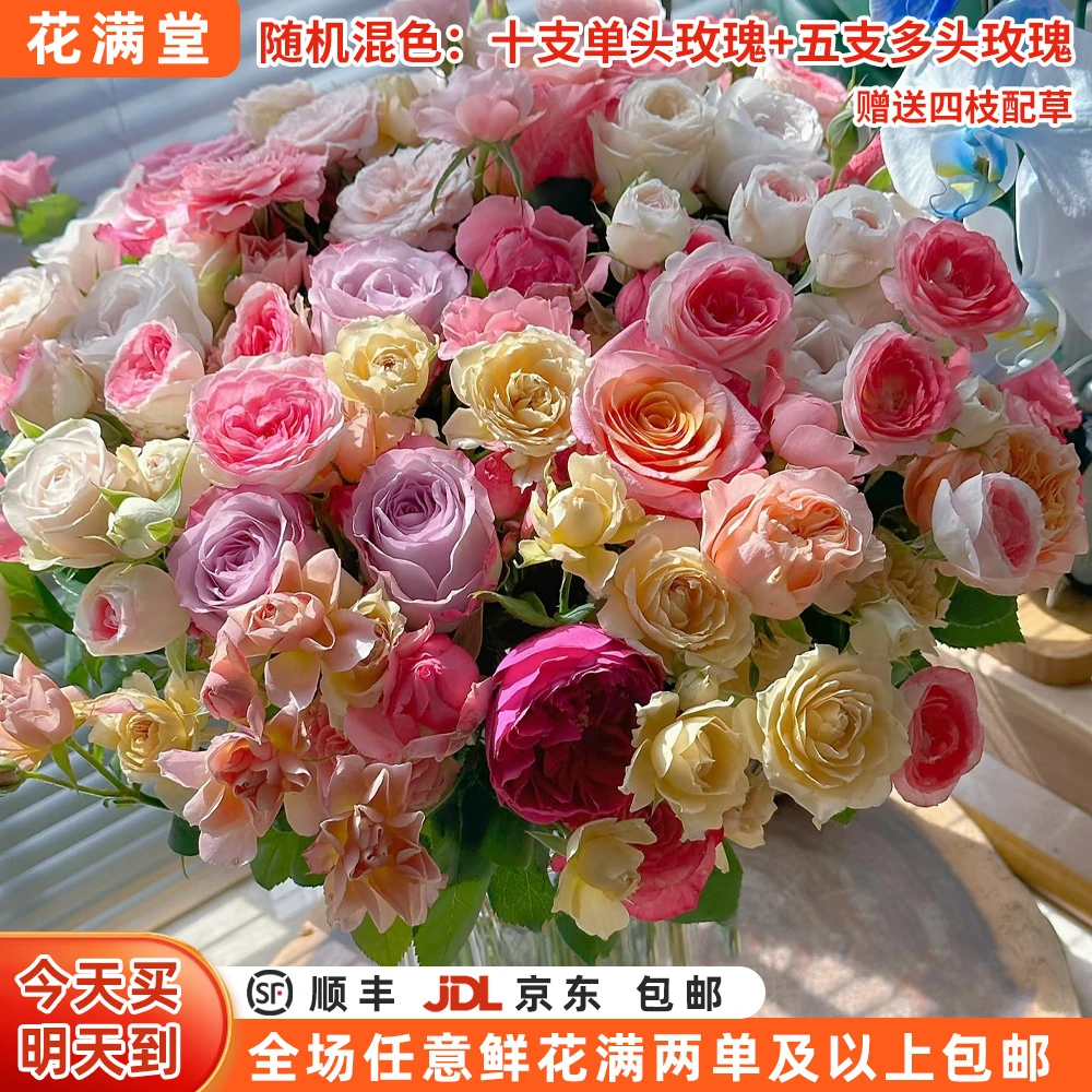 【次日达·混色玫瑰】10支单头玫瑰+5支多头玫瑰+随机配草4枝·鲜切花·直批发·两单鲜花包邮基地直发
