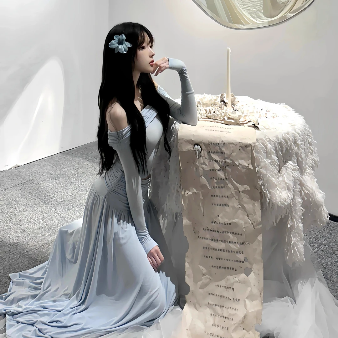 一字肩修身长袖T恤上衣女秋季气质套装高腰半身裙长裙蓝色两件套