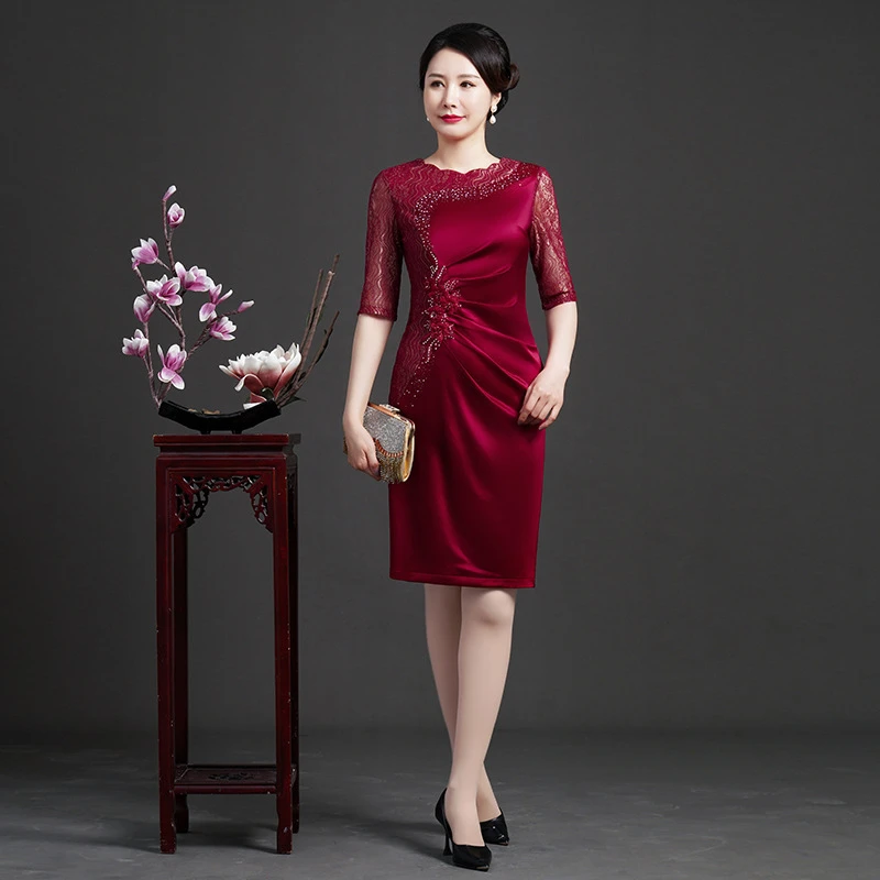 2023春夏款女装矮个子妈妈婚庆婚宴喜婆婆显年轻显瘦连衣裙新款高