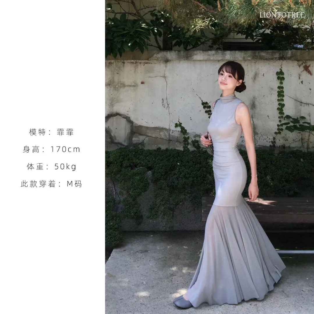 【清冷感】一体式重工网纱弹力背心连衣裙长裙 F347