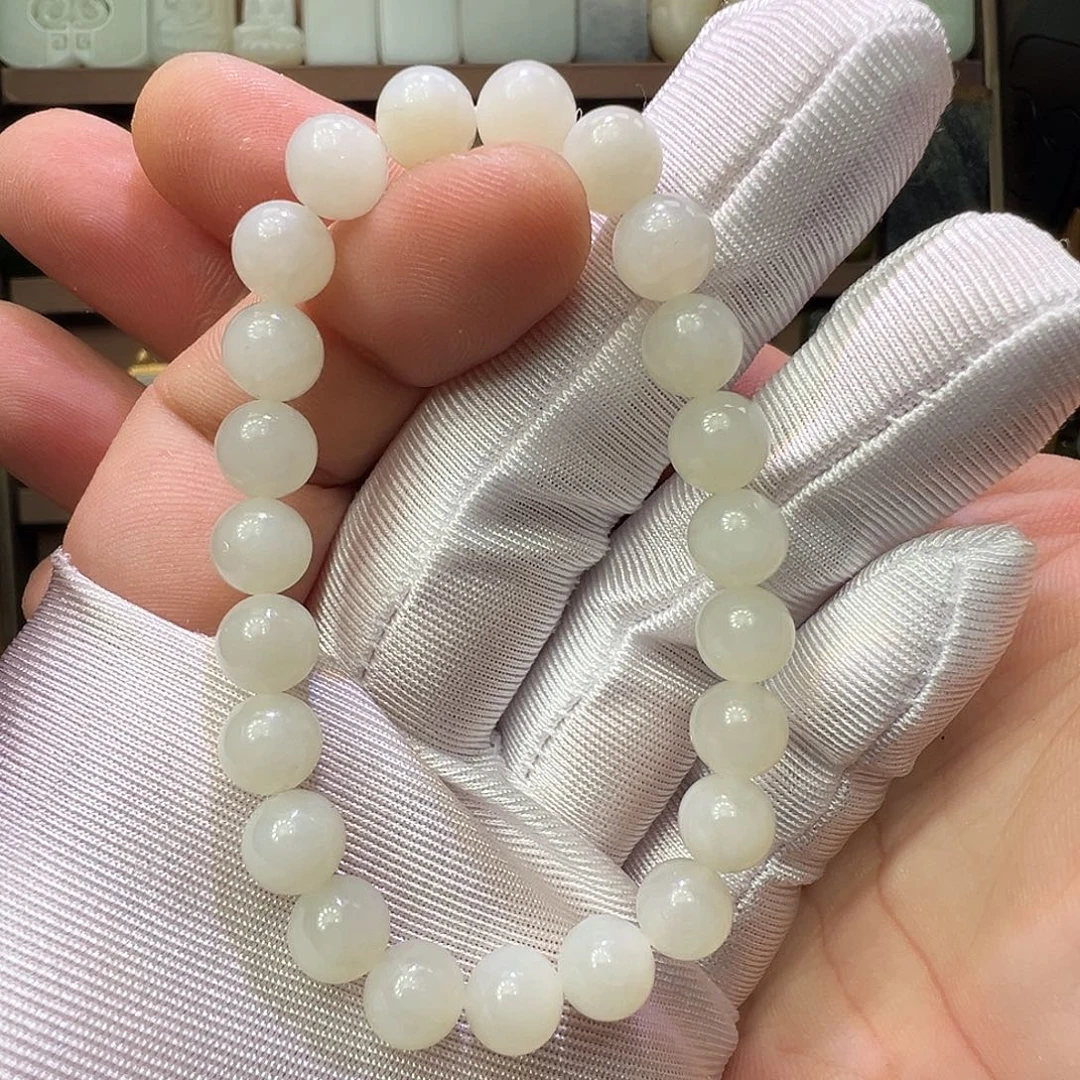 和田玉未镶嵌手串新疆于阗8mm白玉微棉单圈多样性拍一发一福利
