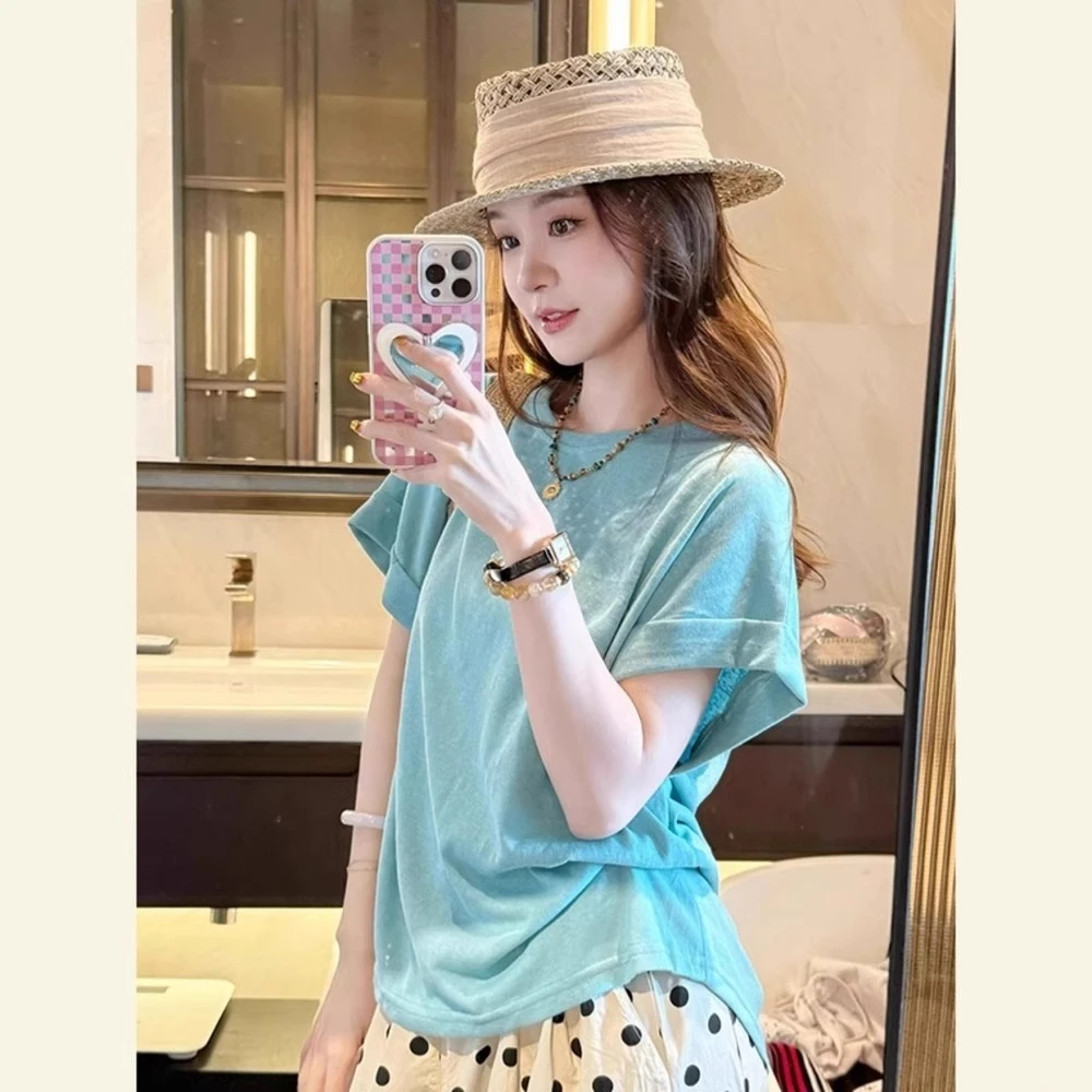 2025新款夏日ootd穿搭独特漂亮小上衣多巴胺洋气减龄蓝色短袖t恤