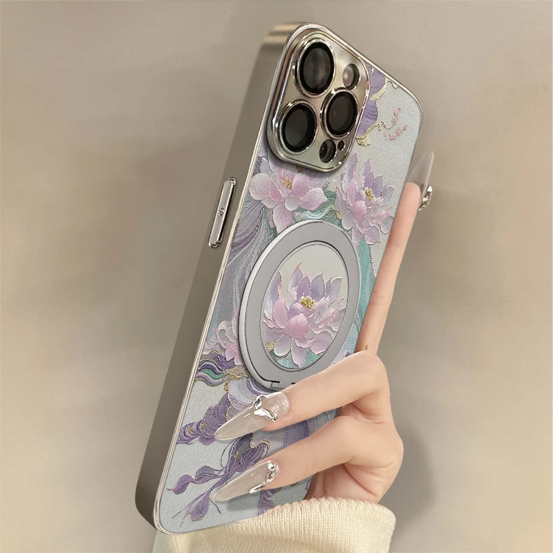 紫梦莲花适用苹果16pro Max手机壳iPhone华为OPPO小米vivo支架壳