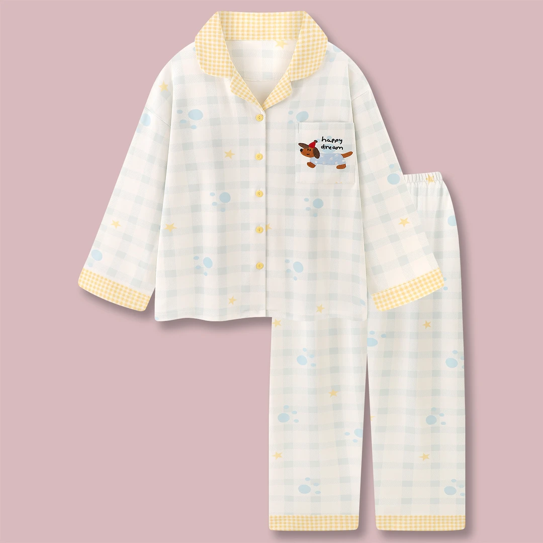 『星陨小狗』卡通睡衣女款春秋季新款纯棉长袖宽松格纹家居服套装