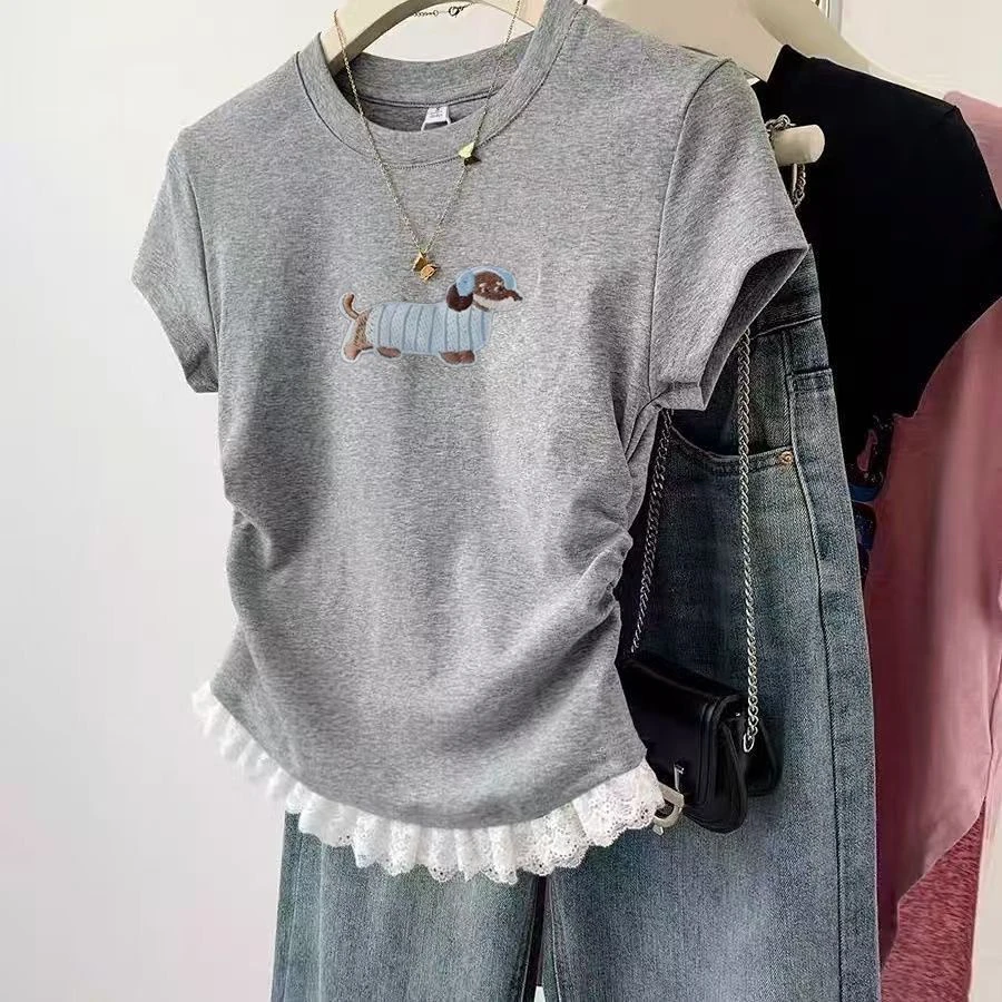 灰色蕾丝花边小狗短袖t恤夏季2025夏款小个子千金清冷感贵系衣服