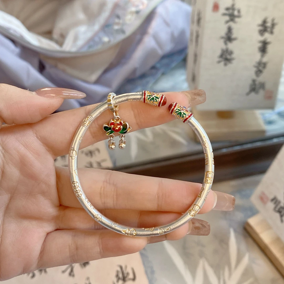 足银珐琅手镯 吉言银手镯女款9999纯银新中式彩开口银镯