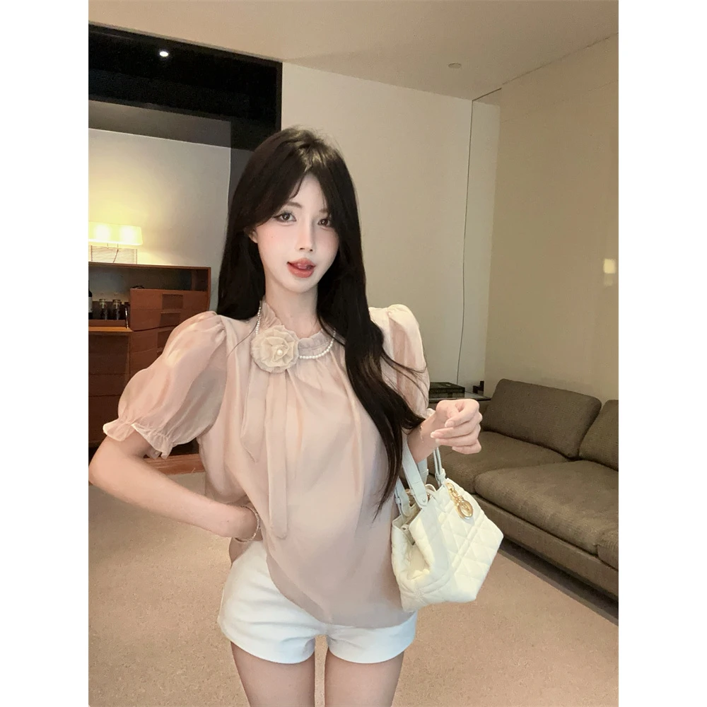 高级感木耳边珍珠立体花朵雪纺衫女宽松气质泡泡短袖独特漂亮上衣