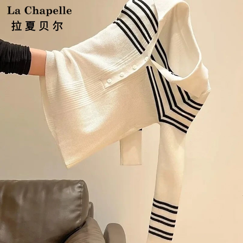 拉夏贝尔复古条纹针织短袖t恤女夏季薄款时尚翻领显瘦百搭polo衫
