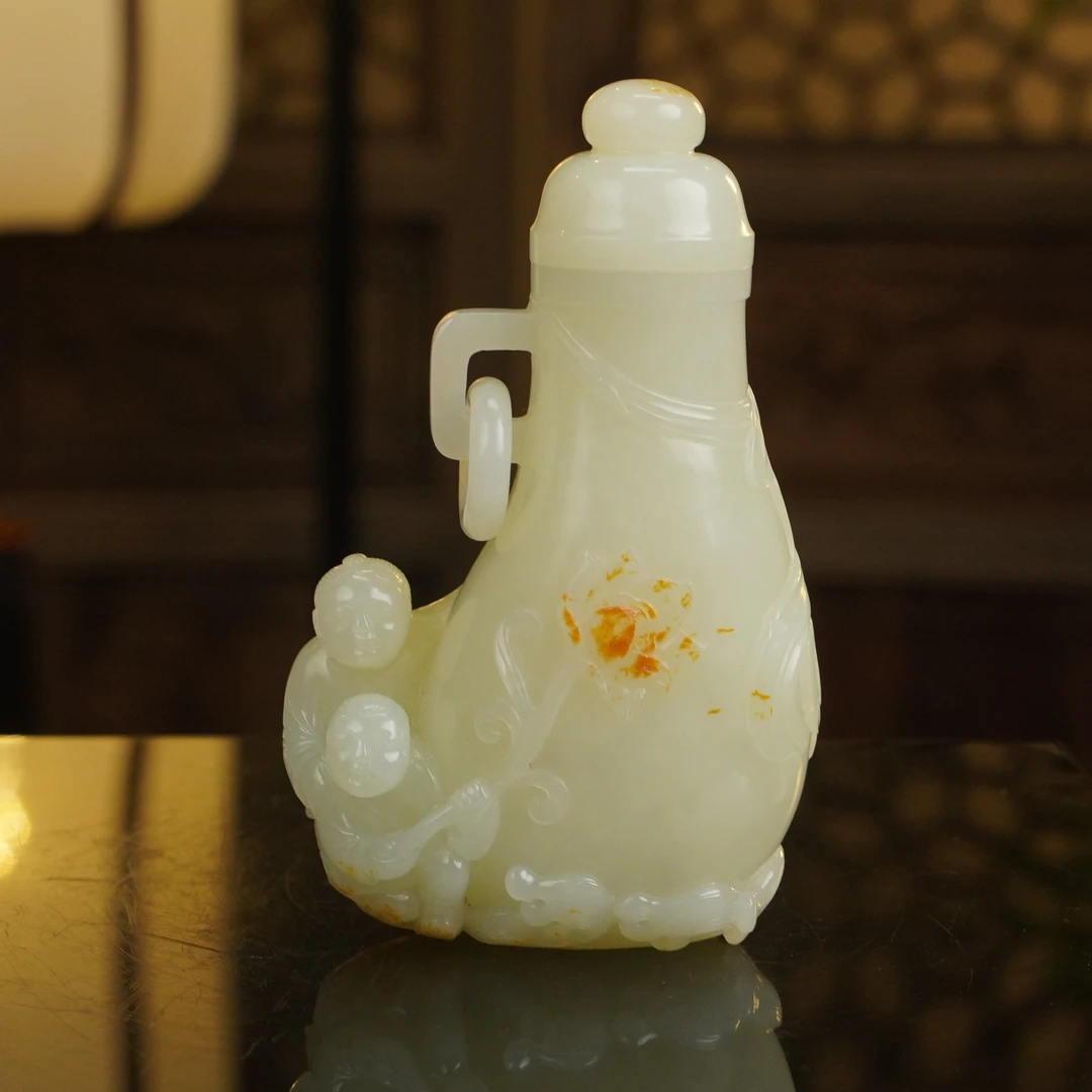 【清】白玉和合二仙活环瓶（高12cm宽7cm重248g）