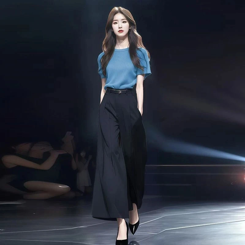 夏季女装2025年新款清冷感系洋气短袖上衣搭配阔腿休闲裤