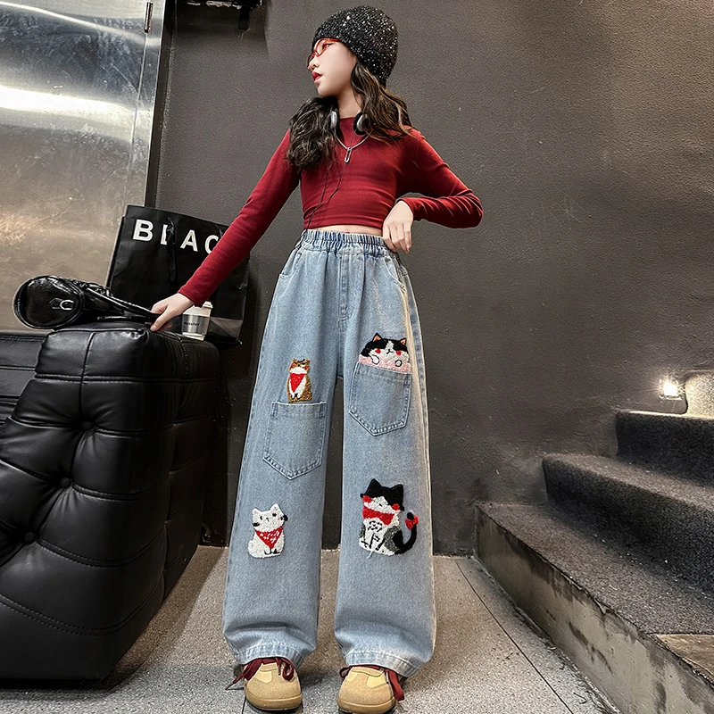 女童裤子2025春装新款猫咪牛仔裤中大童春秋宽松阔腿裤女孩直洋气