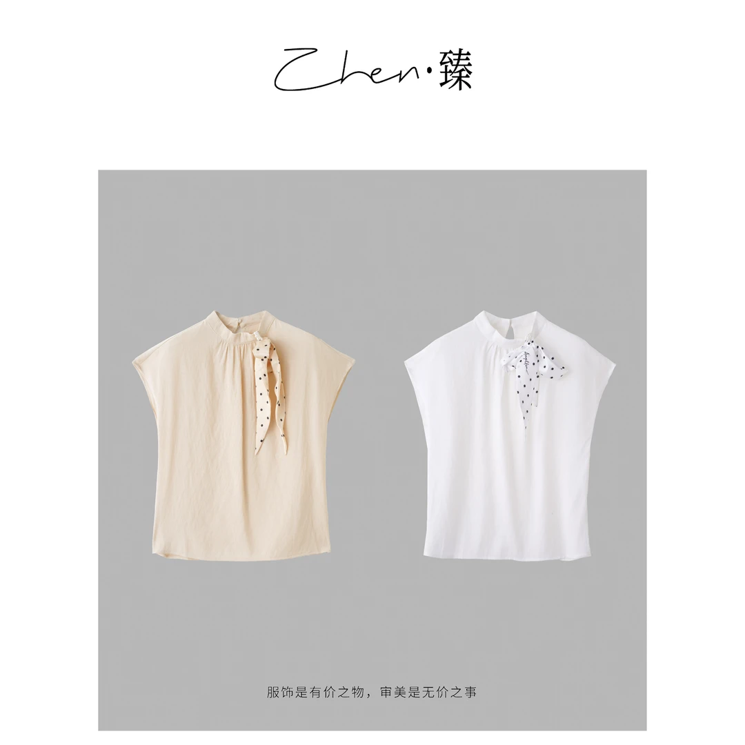 ZHEN.臻 法式气质可拆卸波点飘带通勤时尚无袖背心上衣SY8054Z