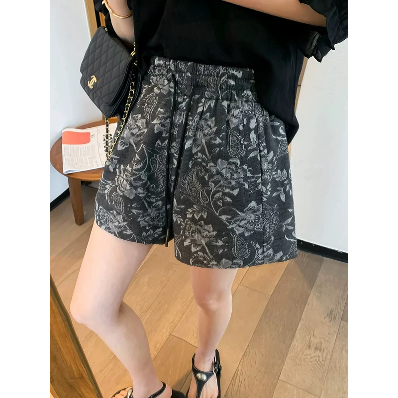 薇莎8633【现货】松紧腰棉麻花短裤百搭弹力阔腿四分短裤