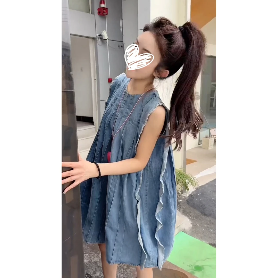 夏季无袖短裙套头A字裙夏季连衣裙时尚牛仔裙子老钱风洋气衣服女