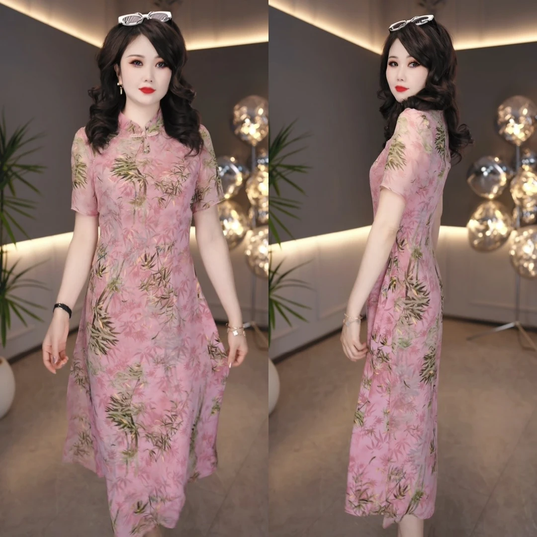 2025夏季中国风时尚女人味复古减龄显瘦百搭印花改良旗袍裙M-4XL