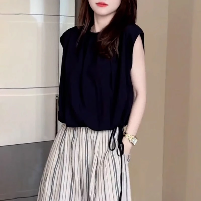 法式气质抽绳坎肩飞飞袖衬衫2025新款女夏季宽松休闲大码女装套装