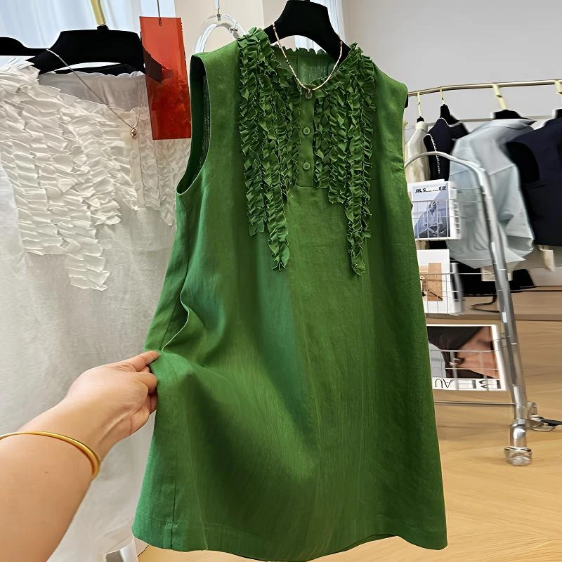 高级感时尚木耳边背心裙女2025夏季洋气薄款无袖连衣裙中长款裙子