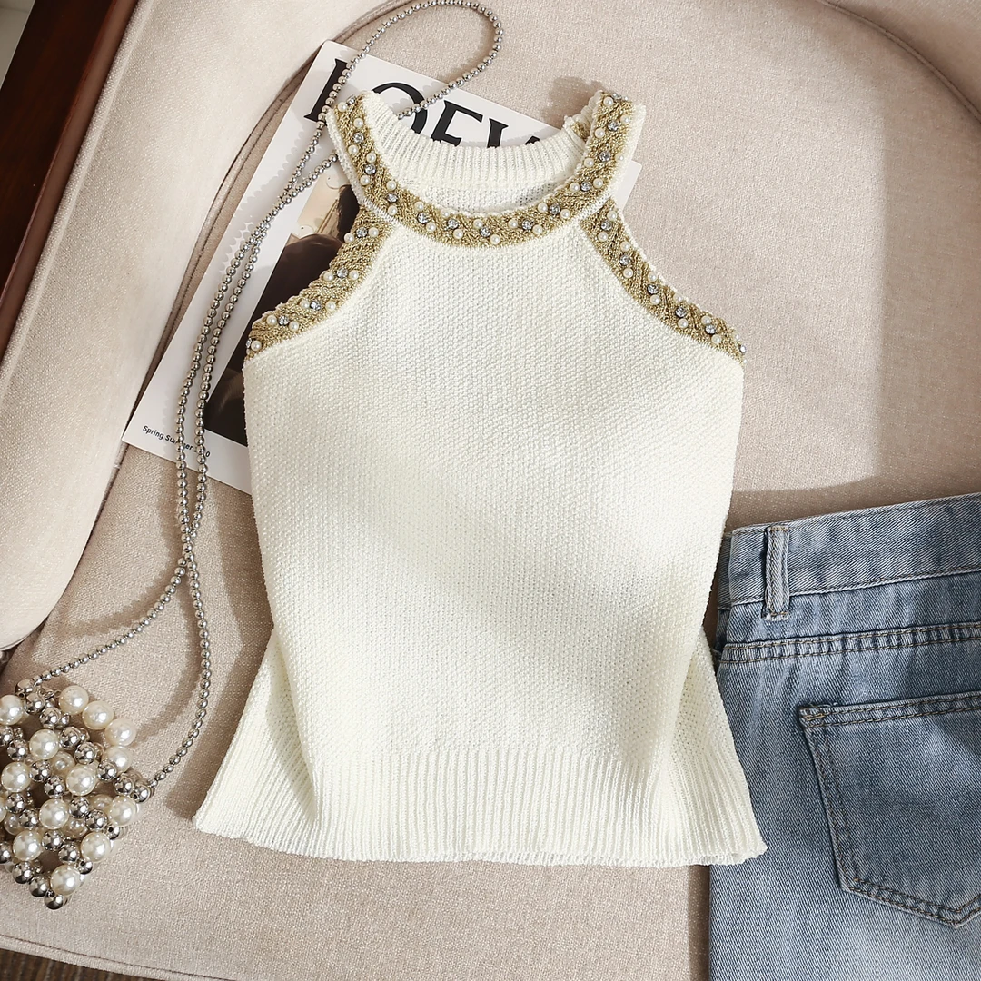 小香风重工镶珍珠挂脖背心打底女内搭白色无袖露肩修身坎肩上衣