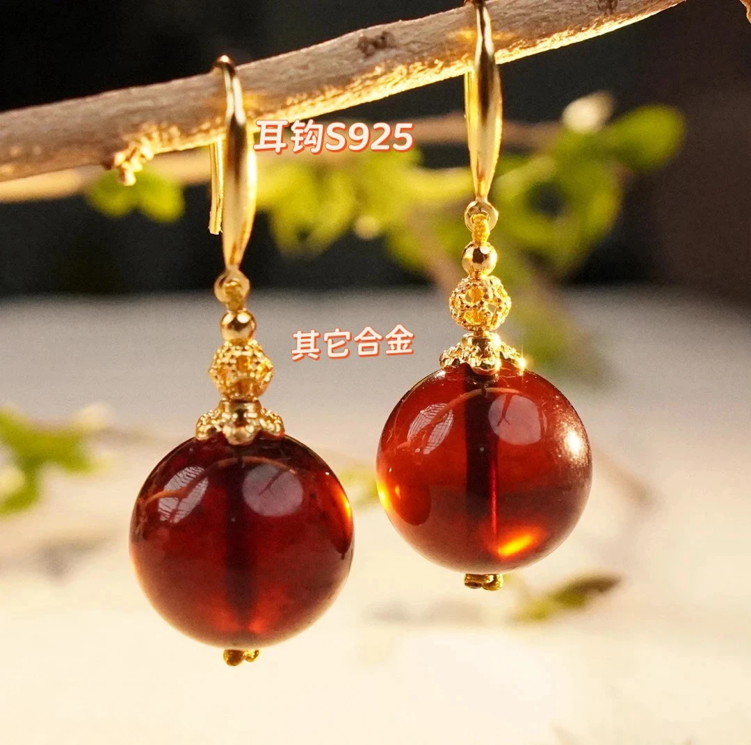 【景轩珠宝】15+缅甸天然血珀圆珠耳环耳钩气质时尚百搭WR0QG066