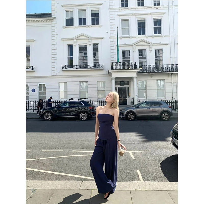 2025夏季新款气质简约抹胸一字肩上衣+高腰显瘦提臀微喇裤子套装