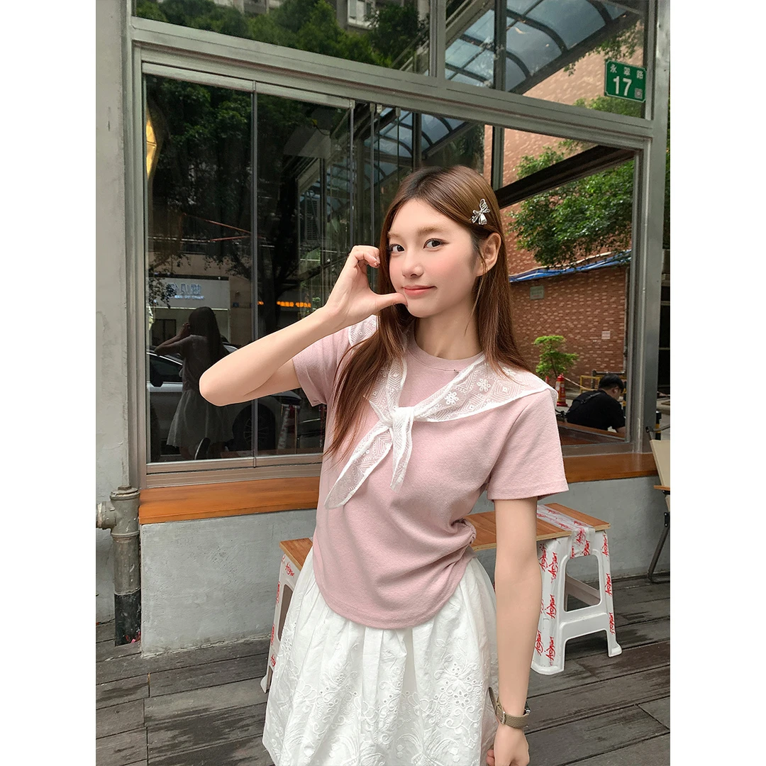 蕾丝披肩圆领短袖T恤女2025夏季新款设计感褶皱收腰显瘦短款上衣