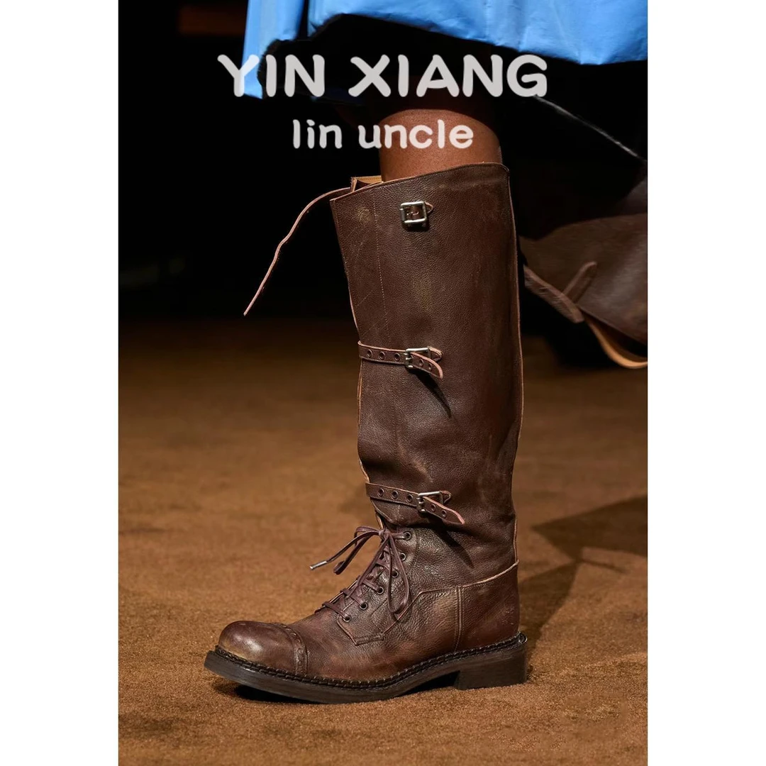 超好吖~做旧重工高筒靴女2025年新款美拉德骑士靴西部牛仔长靴ins