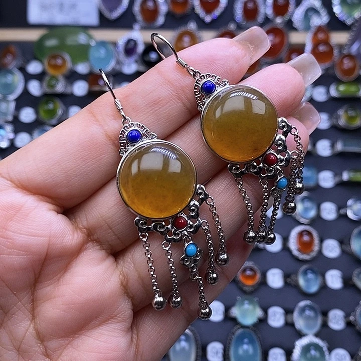 岫玉银S925镶嵌耳坠天***故