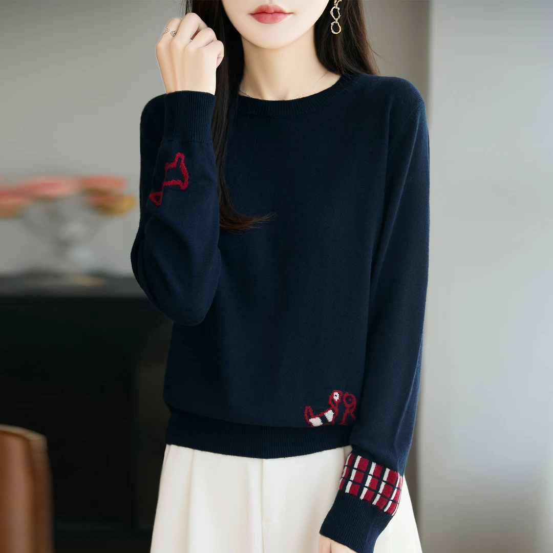 职业阿玛诗官2025秋冬新款时尚气质工刺绣羊毛针织打底衫毛衣女款
