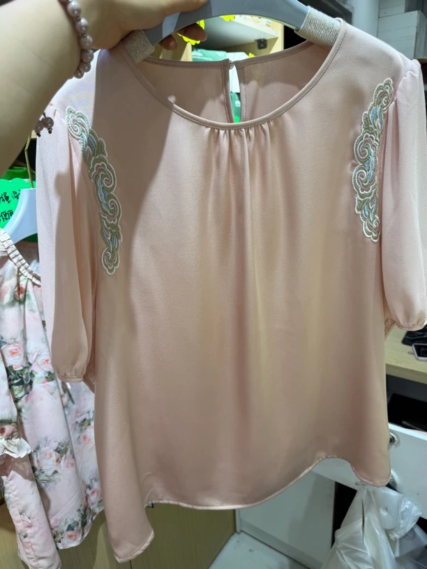 圆领刺绣拼接短袖雪纺衫新中式洋气减龄百搭女士小衫