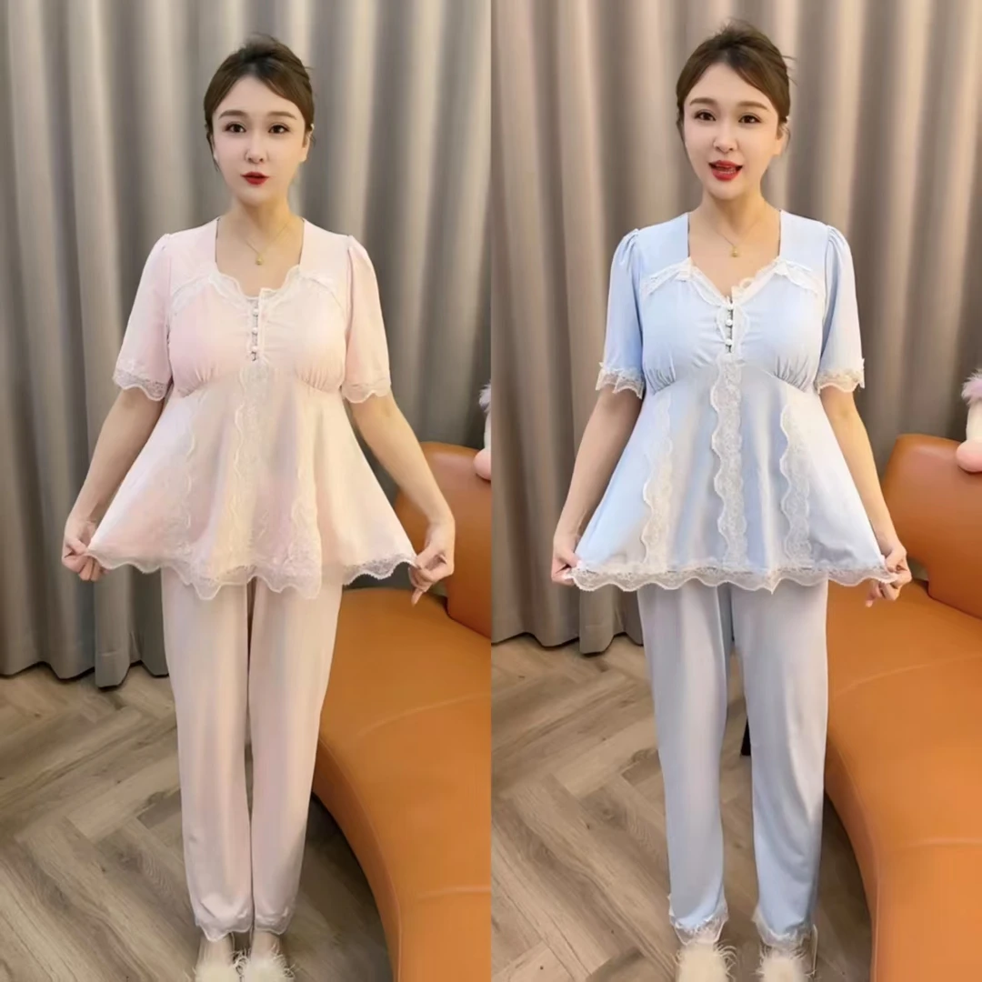 夏季新款睡衣短袖长裤自带胸垫时尚休闲夏季薄款女士居家服饰睡衣