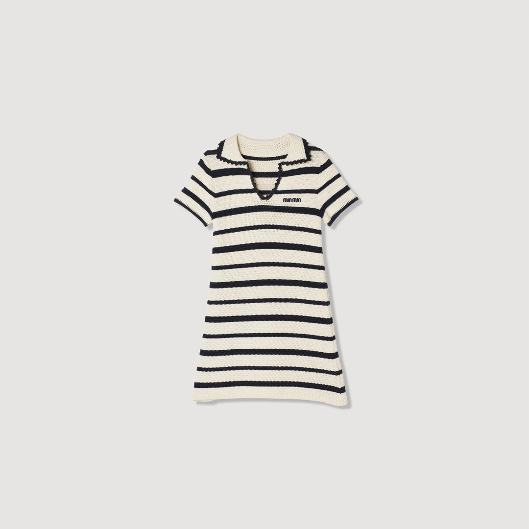 Miu家原版撞色宽窄条纹复古POLO领夏季收腰短袖针织连衣裙24CD-38