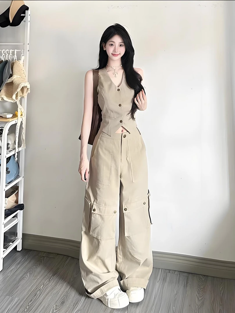 港风复古运动服套装女夏季高级感马甲背心工装阔腿裤休闲两件套潮