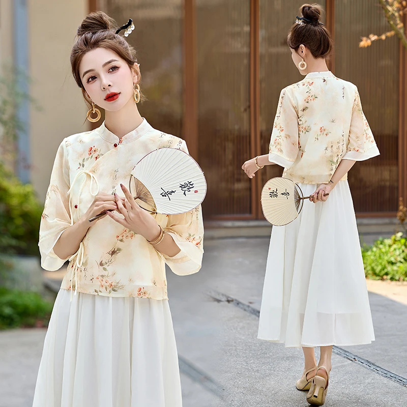 新中式国风复古印花套装裙2025夏季新款立领改良汉服半身裙两件套